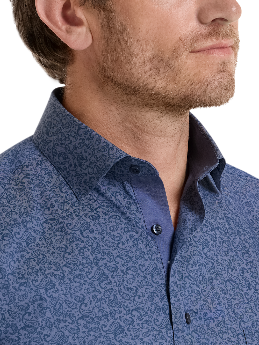 Alternate Shot of Men's Blue Paisley Pattern Shirts Trim Inside Neckband  Inside Cuffs  Button Side Of Placket - 2