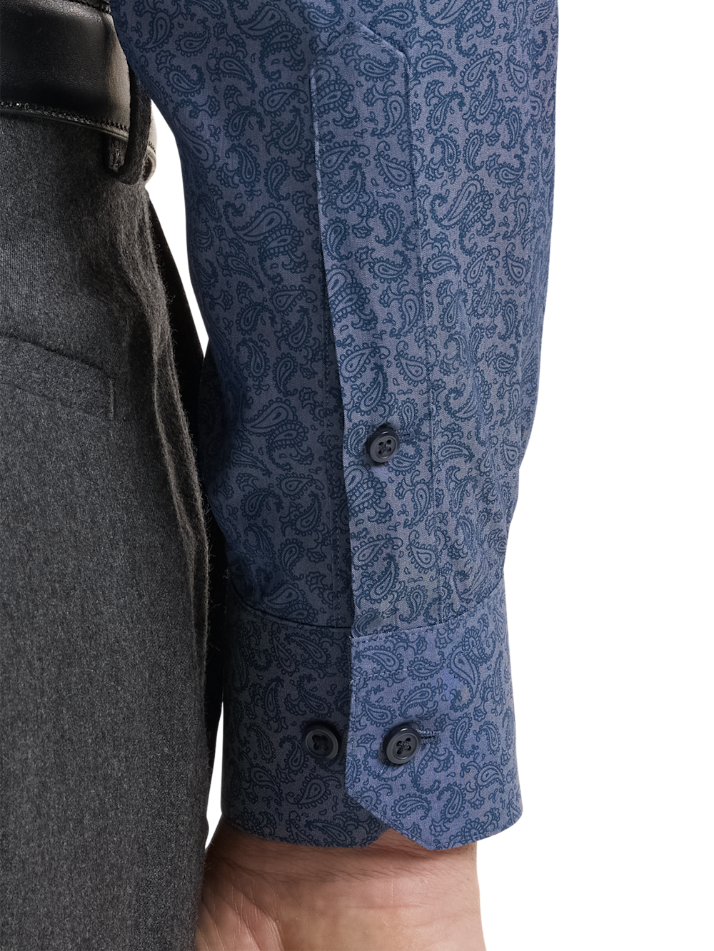 Alternate Shot of Men's Blue Paisley Pattern Shirts Trim Inside Neckband  Inside Cuffs  Button Side Of Placket - 3