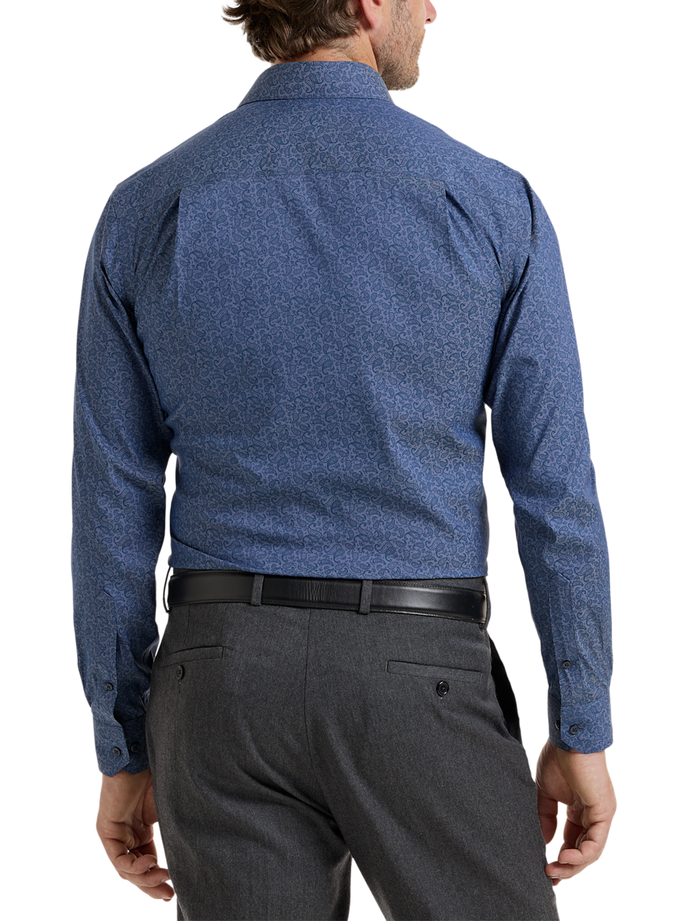 Alternate Shot of Men's Blue Paisley Pattern Shirts Trim Inside Neckband  Inside Cuffs  Button Side Of Placket - 4