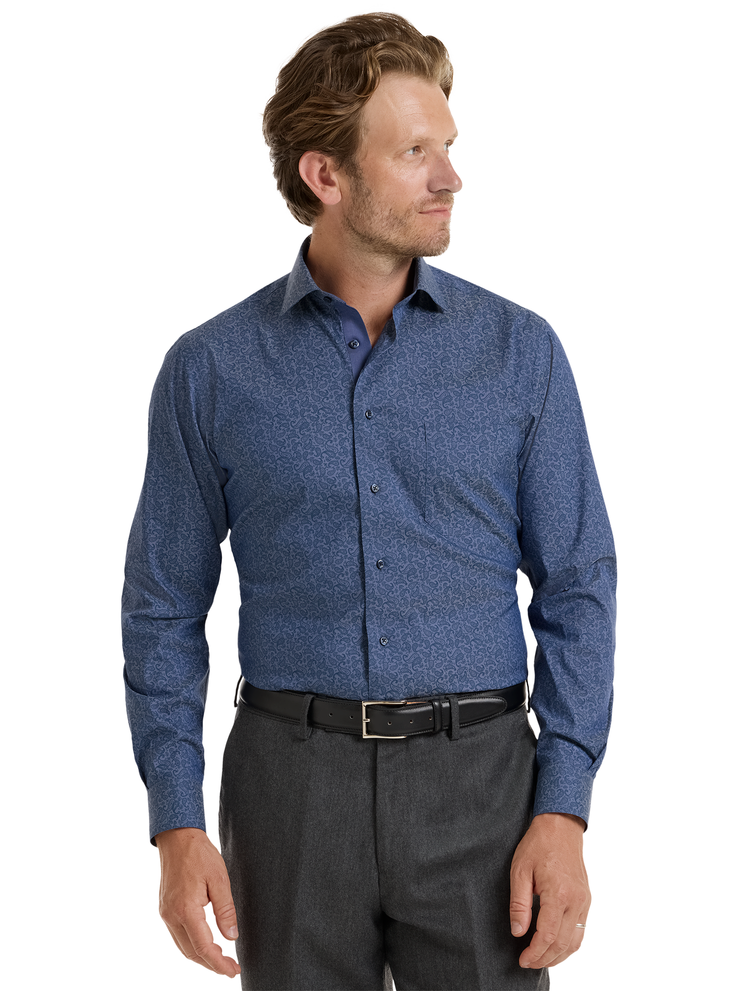 Comfort Stretch Non-Iron Denim Paisley Dress Shirt With Contrast Trim - Blue