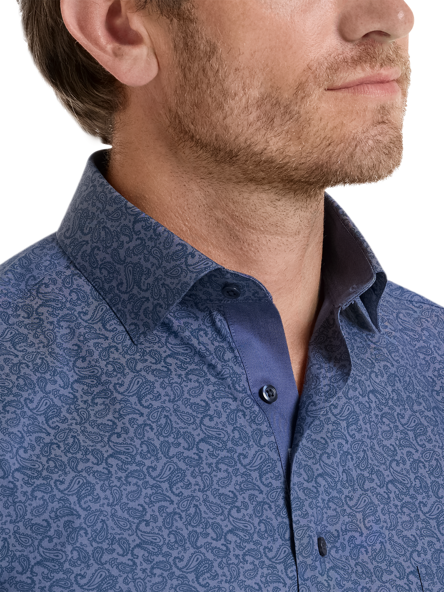Comfort Stretch Non-Iron Denim Paisley Dress Shirt With Contrast Trim - Blue