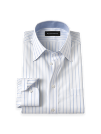 Non-Iron Cotton Stripe Point Collar Dress Shirt With Contrast Trim - Blue