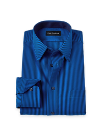 Non-Iron Cotton Stripe Point Collar Dress Shirt With Contrast Trim - Blue