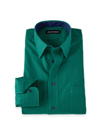 Non-Iron Cotton Stripe Point Collar Dress Shirt With Contrast Trim - Green