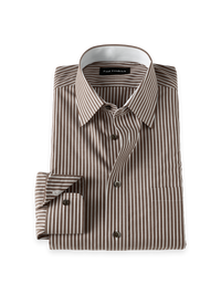 Non-Iron Cotton Stripe Point Collar Dress Shirt With Contrast Trim - Brown