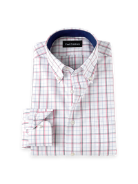 Non-Iron Cotton Windowpane Button Down Collar Dress Shirt With Contrast Trim - White/Pink