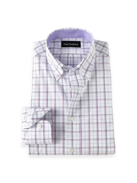 Non-Iron Cotton Windowpane Button Down Collar Dress Shirt With Contrast Trim - White/Purple