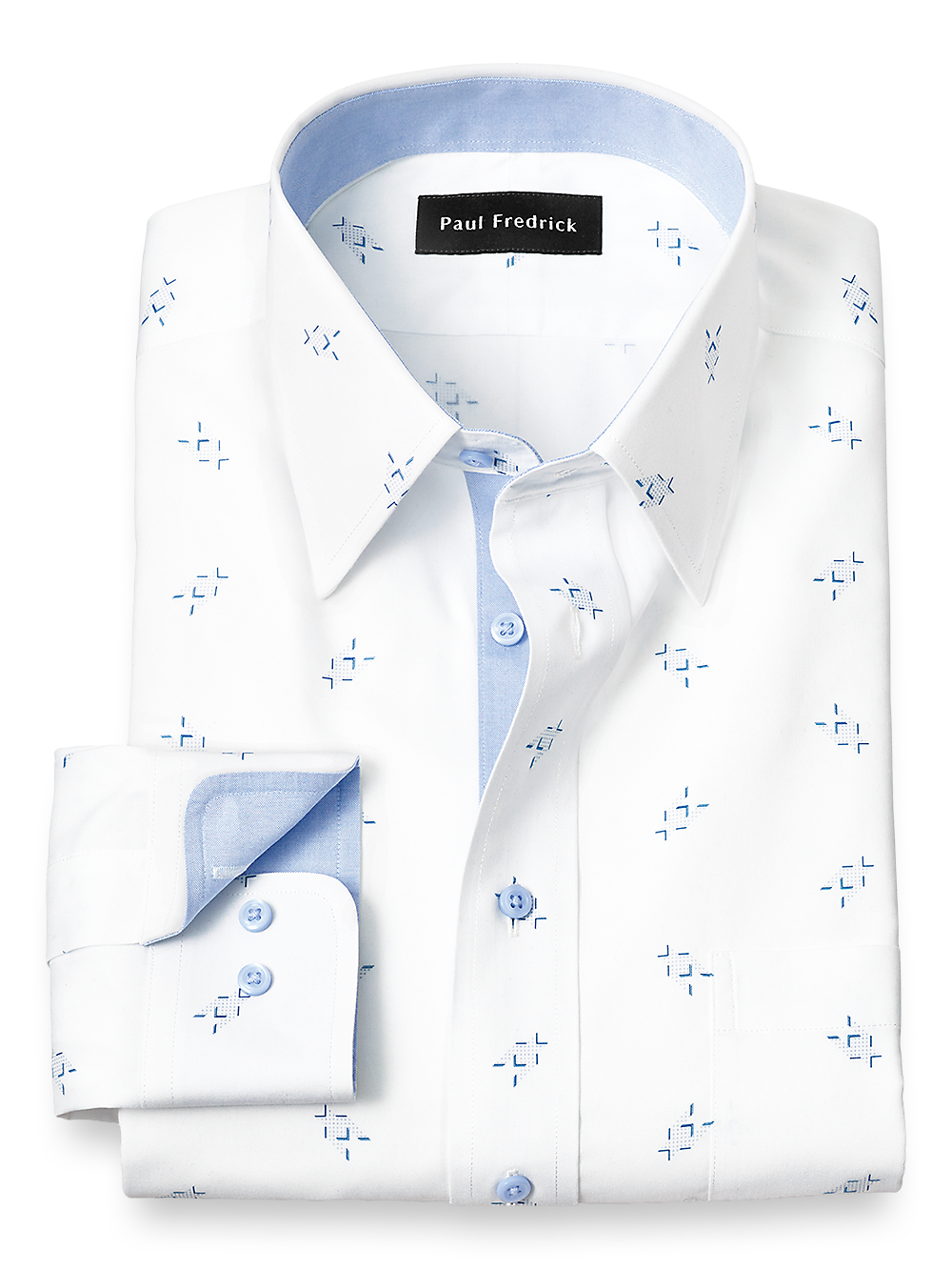 Product Image of Non-iron Cotton Houndstooth Print Dress Shirt With Contrast Trim-White