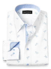Non-Iron Cotton Houndstooth Print Dress Shirt With Contrast Trim - White