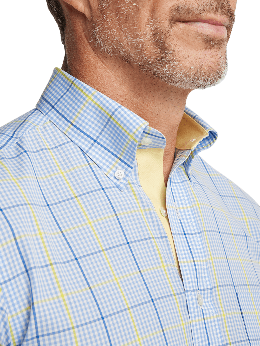 Comfort Stretch Non-Iron Plaid Dress Shirt With Contrast Trim - Blue/yellow - Classic Fit / 15 / 32 Comfort Stretch Non-Iron Plaid Dress Shirt With Contrast Trim - Blue/yellow - Classic Fit / 15 / 32
