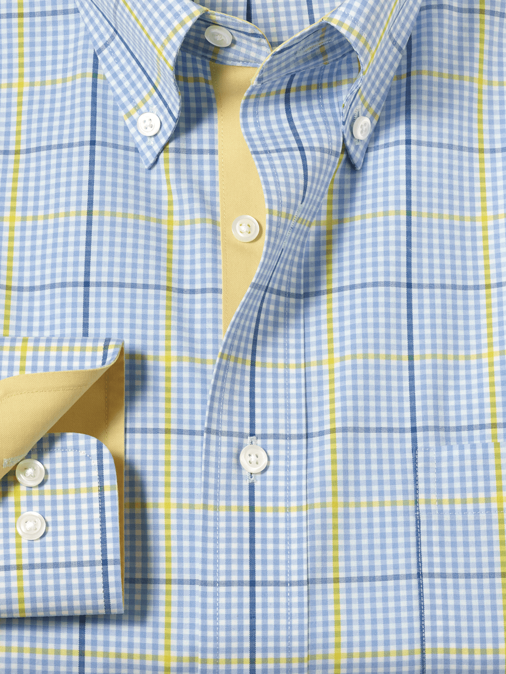 Comfort Stretch Non-Iron Plaid Dress Shirt With Contrast Trim - Blue/yellow - Classic Fit / 15 / 32 Comfort Stretch Non-Iron Plaid Dress Shirt With Contrast Trim - Blue/yellow - Classic Fit / 15 / 32