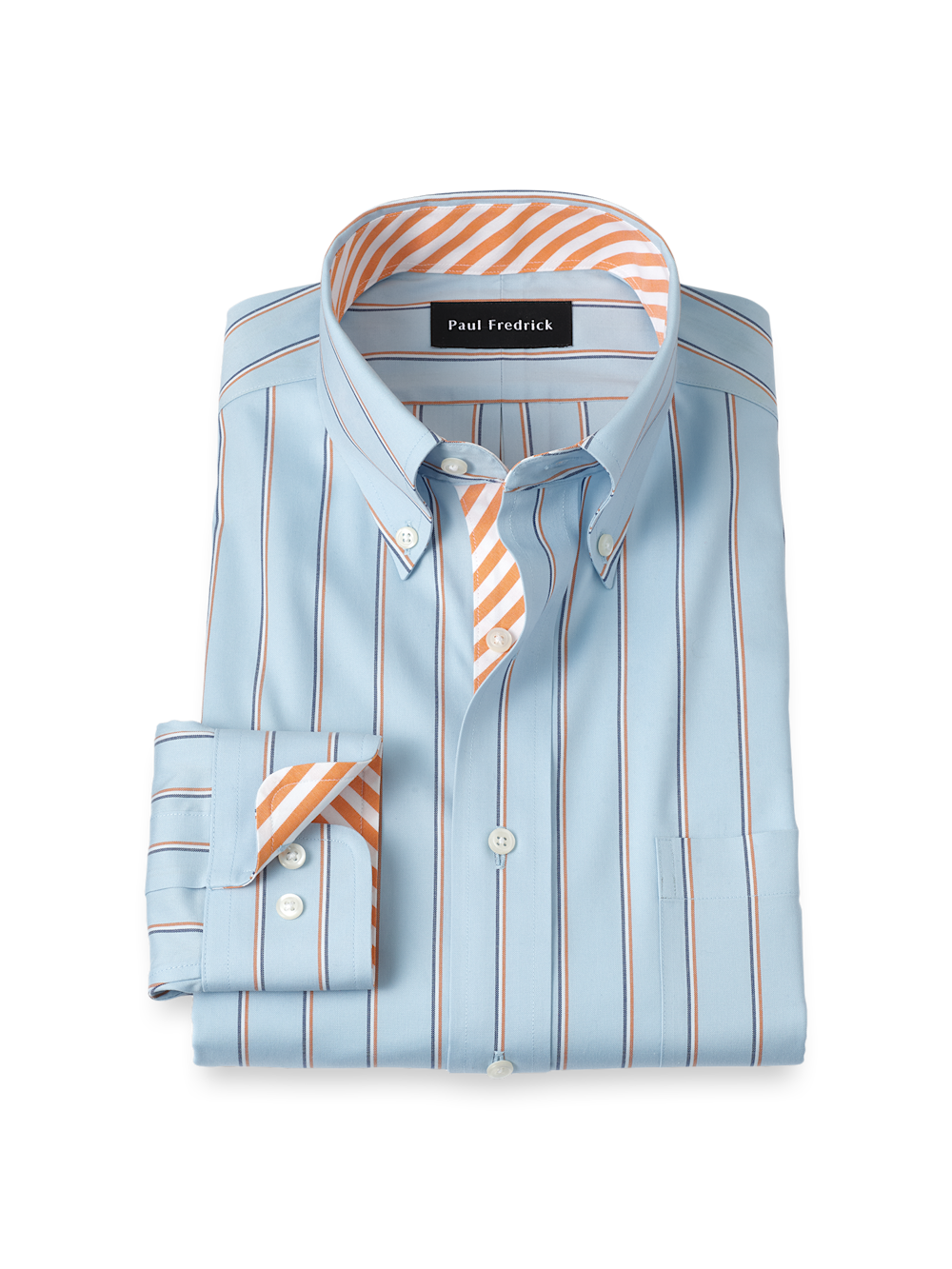 Product Image of Comfort Stretch Non-iron Stripe Dress Shirt With Contrast Trim-Blue/Melon