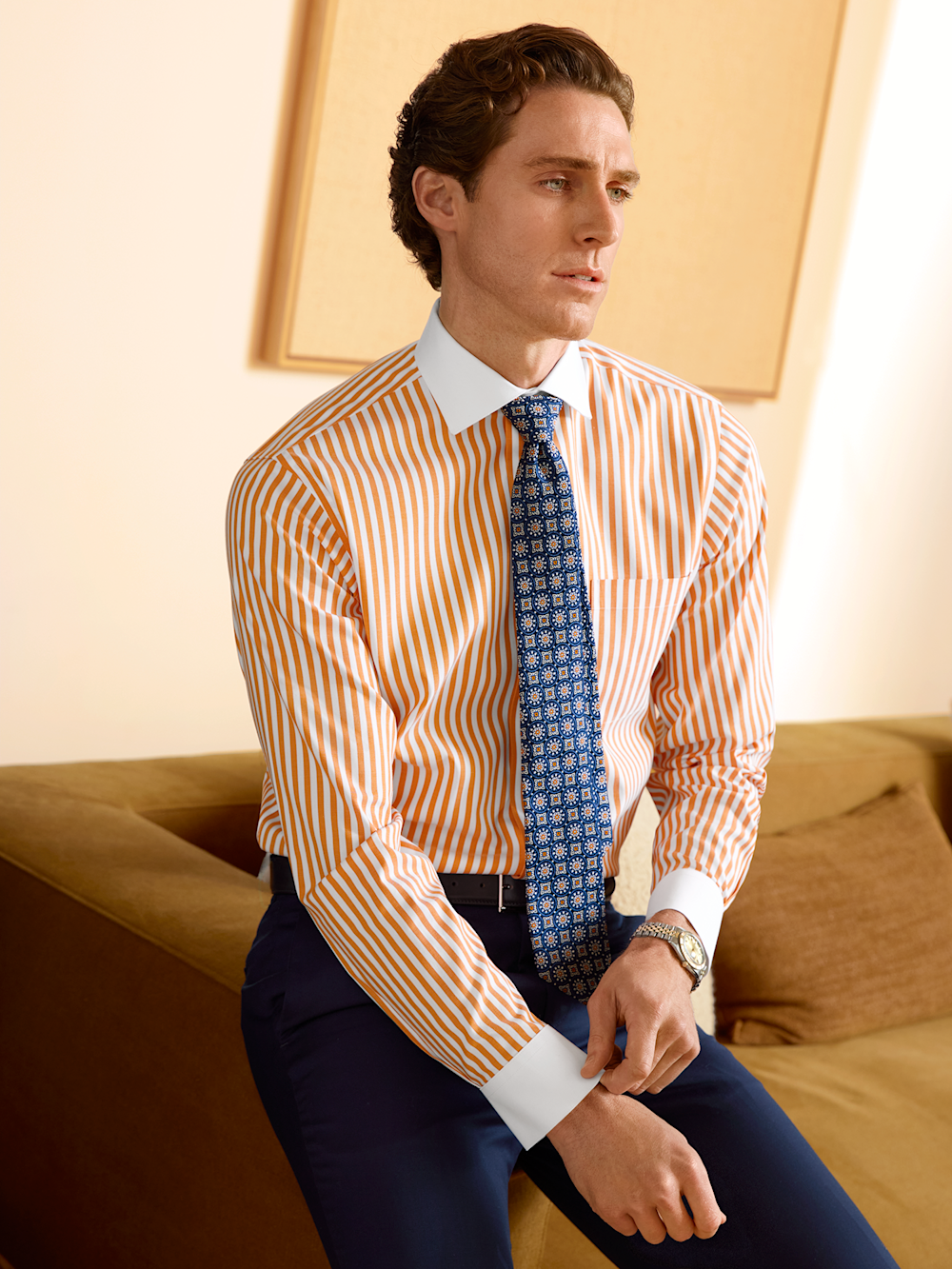 melon dress shirt Comfort Stretch Non-Iron Stripe Dress Shirt With Contrast Trim