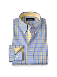 Non-Iron Cotton Glen Plaid Dress Shirt With Contrast Trim - Blue/yellow