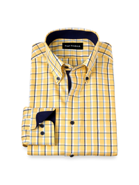Non-Iron Cotton Check Dress Shirt With Contrast Trim - Yellow/blue