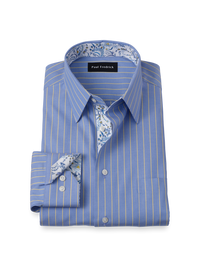 Non-Iron Cotton Stripe Dress Shirt With Contrast Trim - Blue/yellow
