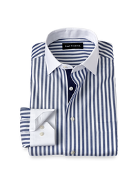 Non-Iron Cotton Stripe Dress Shirt With Contrast Trim - Navy