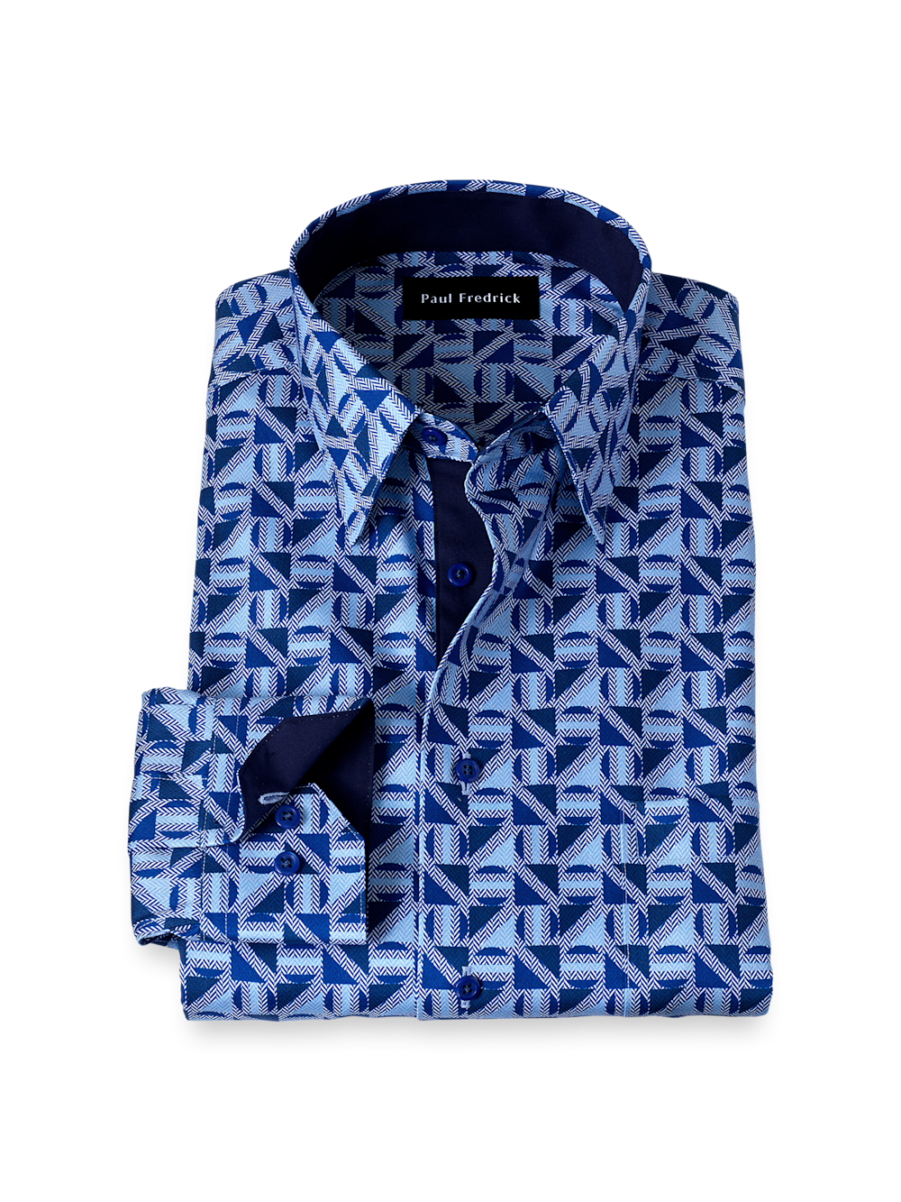 Product Image of Non-iron Cotton Geometric Dress Shirt With Contrast Trim-Blue