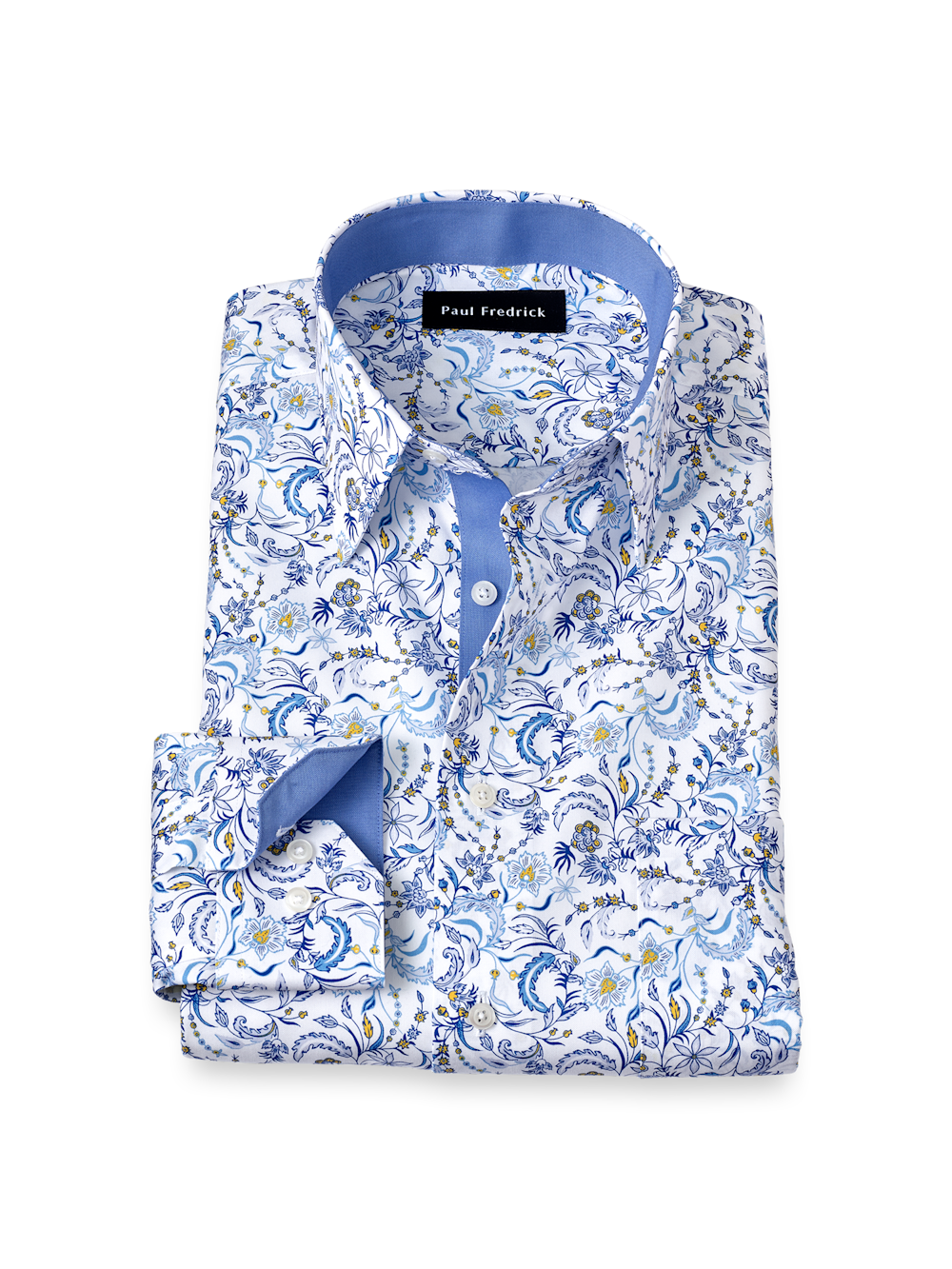 Product Image of Non-iron Cotton Floral Dress Shirt With Contrast Trim-White/Blue