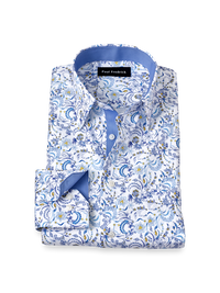 Non-Iron Cotton Floral Dress Shirt With Contrast Trim - White/blue