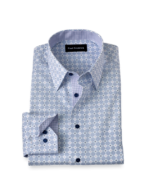 Non-Iron Cotton Geometric Dress Shirt With Contrast Trim - White/purple
