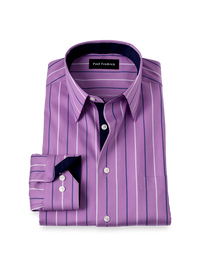 Non-Iron Cotton Stripe Dress Shirt With Contrast Trim - Purple