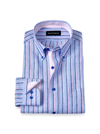 Non-Iron Linen Stripe Dress Shirt With Contrast Trim - Blue/pink