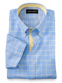 Non Iron Two Ply Cotton Glen Plaid, Button Down Collar, Short Sleeve - Blue/Yellow