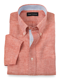 Non-Iron Linen Solid Dress Shirt With Contrast Trim - Coral