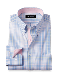 Comfort Stretch Non-Iron Tattersall Dress Shirt With Contrast Trim - Blue/pink