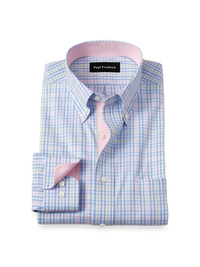 Comfort Stretch Non-Iron Tattersall Dress Shirt With Contrast Trim - Blue/pink
