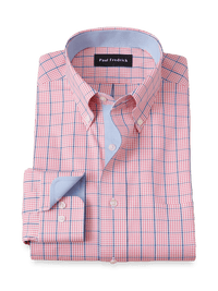 Comfort Stretch Non-Iron Windowpane Dress Shirt With Contrast Trim - Pink/blue