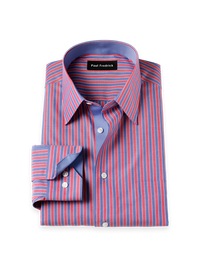 Non-Iron Cotton Stripe Dress Shirt With Contrast Trim - Blue/red