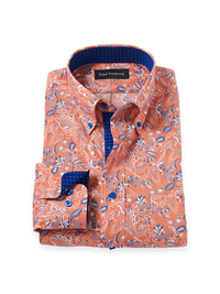 Comfort Stretch Non-Iron Paisley Dress Shirt With Contrast Trim - Melon/navy