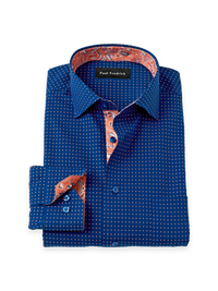 Comfort Stretch Non-Iron Dot Dress Shirt With Contrast Trim - Navy/melon