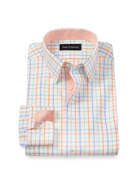Comfort Stretch Non-Iron Check Dress Shirt With Contrast Trim - Melon/blue