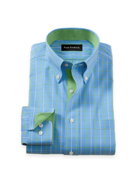 Comfort Stretch Non-Iron Check Dress Shirt With Contrast Trim - Blue/green