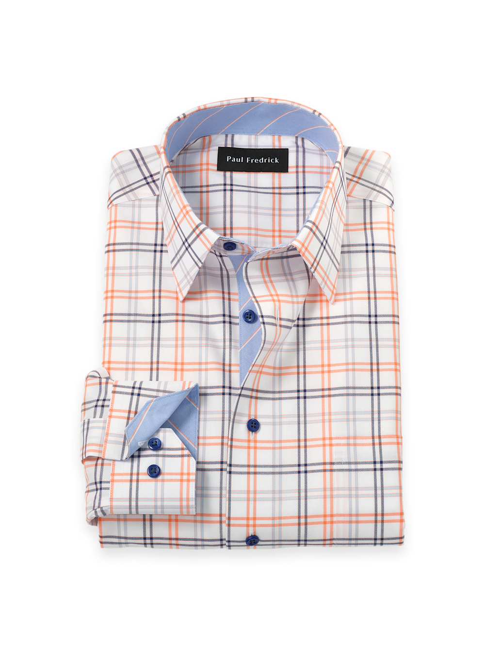 Product Image of Traveler Cotton Blend Check Dress Shirt With Contrast Trim-Blue/Melon