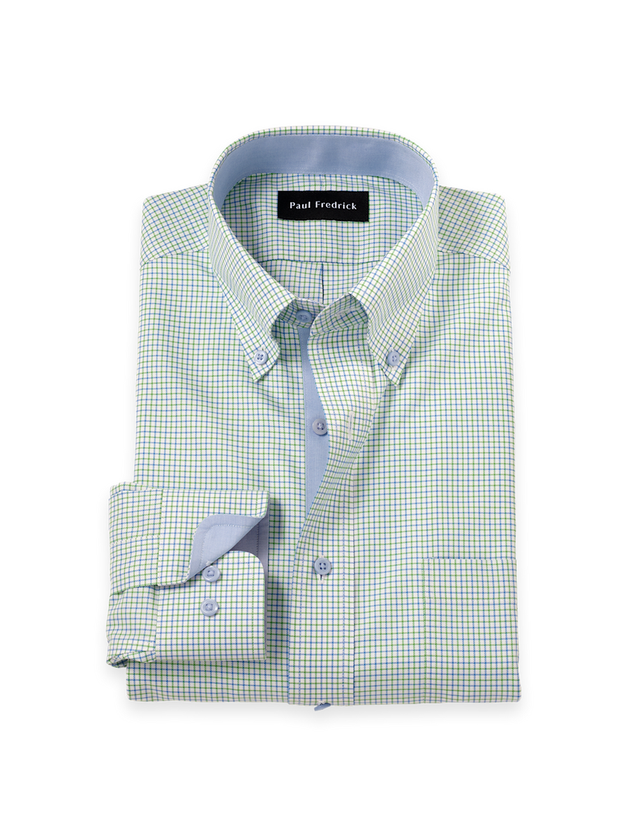 Travel Cotton Blend Check Dress Shirt With Contrast Trim
