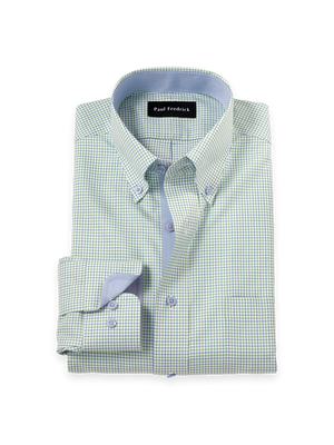 Travel Cotton Blend Check Dress Shirt With Contrast Trim - Blue/green