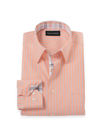 Traveler Cotton Blend Stripe Dress Shirt With Contrast Trim - Melon