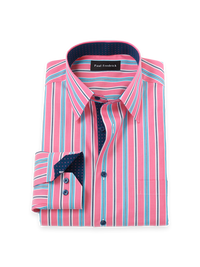 Non-Iron Cotton Stripe Dress Shirt With Contrast Trim - Pink/navy