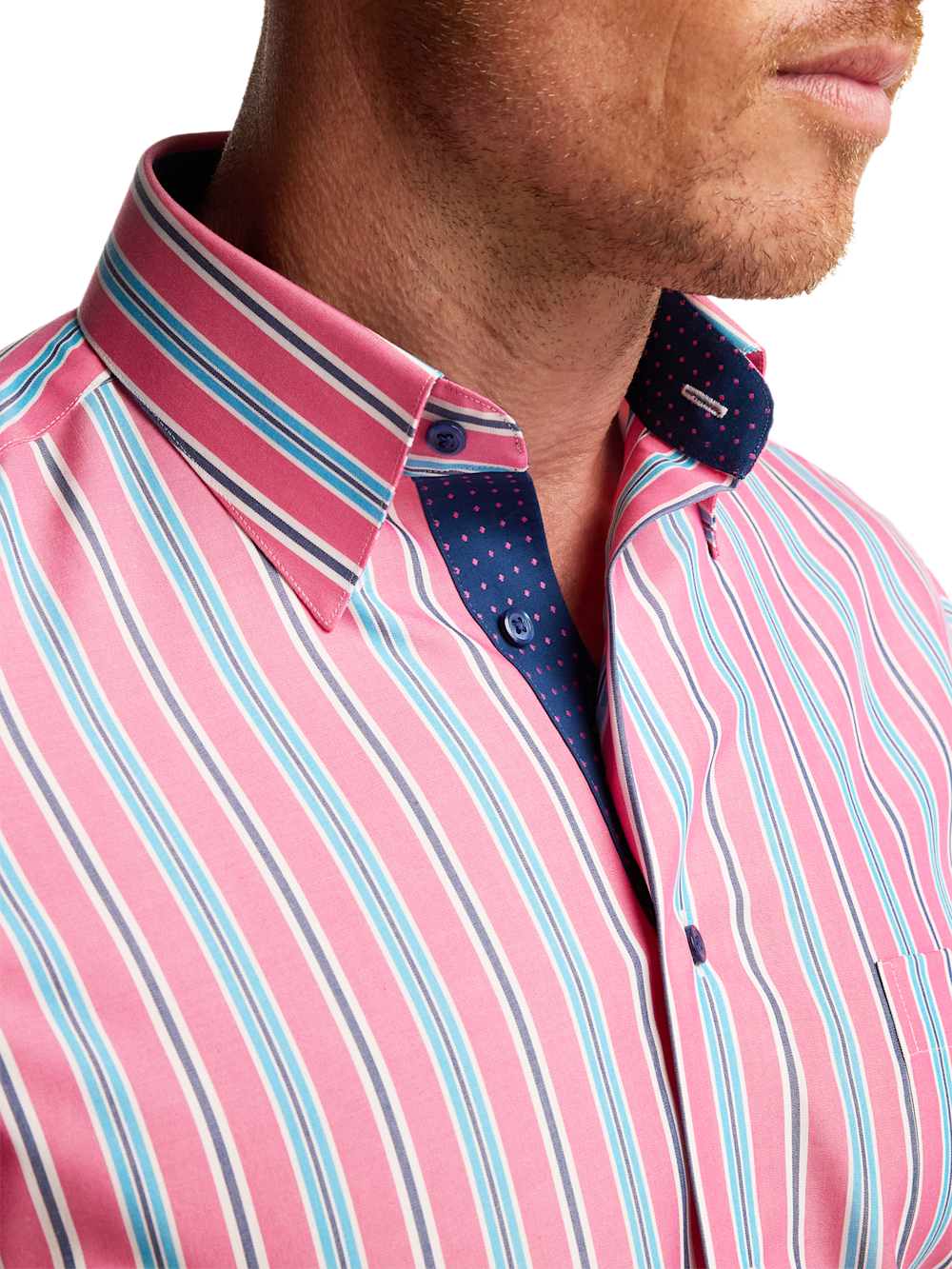 Non-Iron Cotton Stripe Dress Shirt With Contrast Trim