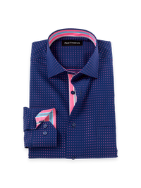 Non-Iron Cotton Dot Dress Shirt With Contrast Trim - Navy/pink