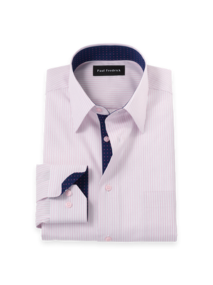 Non-Iron Cotton Stripe Dress Shirt With Contrast Trim - Pink/navy
