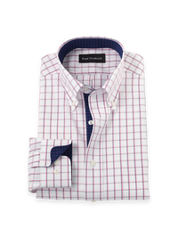 Non-Iron Cotton Check Dress Shirt With Contrast Trim - Navy/pink