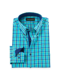 Comfort Stretch Non-Iron Windowpane Dress Shirt With Contrast Trim - Blue/green