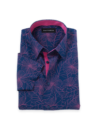 Non-Iron Cotton Floral Dress Shirt With Contrast Trim - Navy/pink