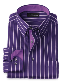 Non-Iron Cotton Stripe Dress Shirt With Contrast Trim - Purple