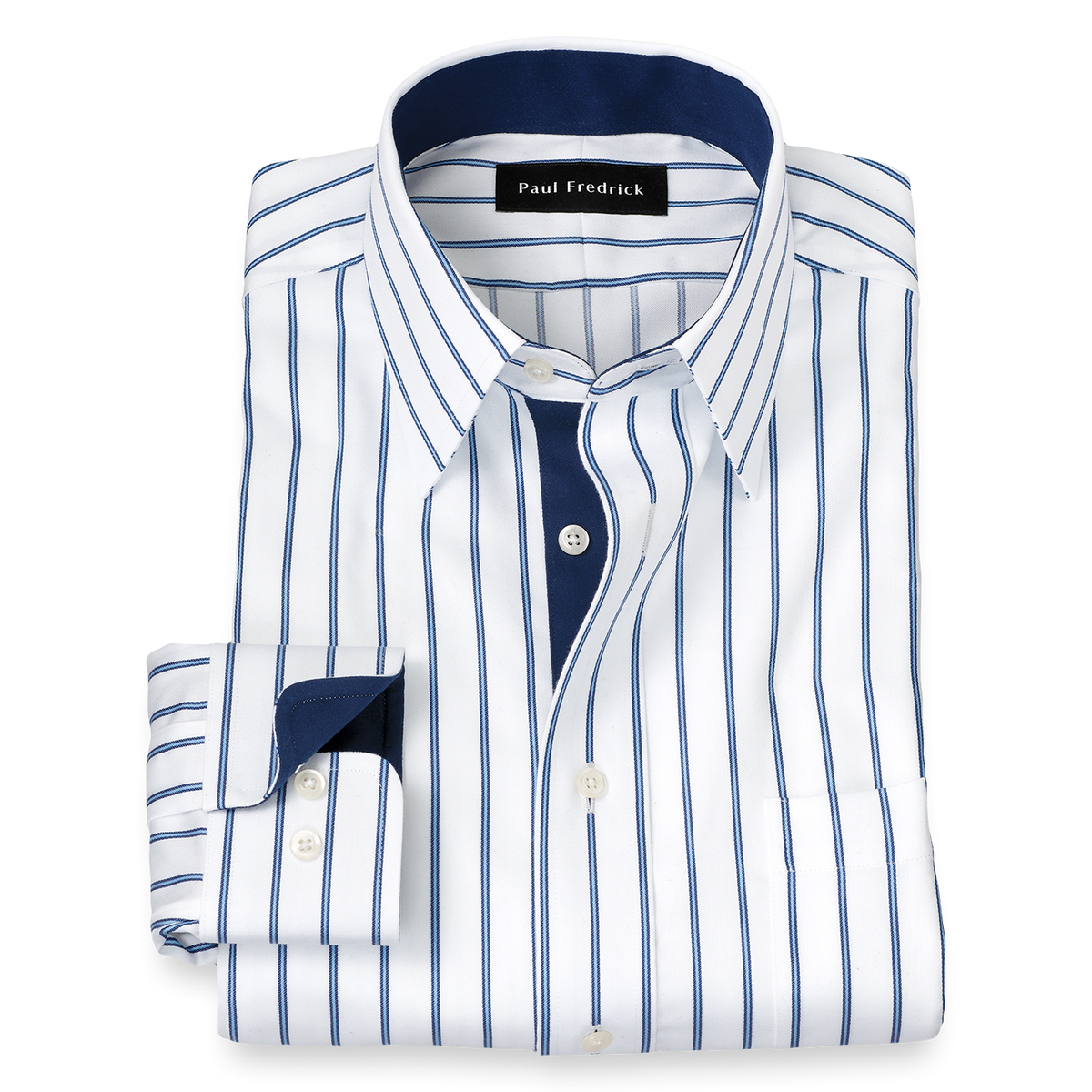 paul fredrick men's classic fit non-iron cotton stripe dress shirt Non-Iron Cotton Stripe Dress Shirt With Contrast Trim - White/blue main image 0
